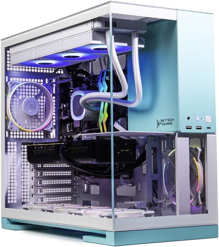 Skytech Gaming Aqua Desktop PC, Ryzen 7 7700X 4.5 GHz (5.4GHz Turbo), NVIDIA RTX 5060, 1TB Gen4 NVMe SSD, 32GB DDR5 RAM 5600 RGB, 850W Gold ATX 3 PSU, 360mm ARGB AIO, Wi-Fi, Win 11