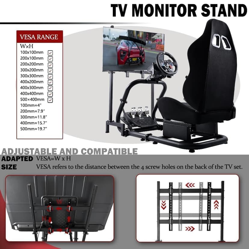 Supllueer Racing Sim Cockpit with Ergonomic Seat&Monitor Stand Fit for Logitech/Fanatec/Thrustmaster G27 G923 G920,50mm Large Round Tube Driving Simulator Stand, No Steering Wheel/Shift/Pedal/TV