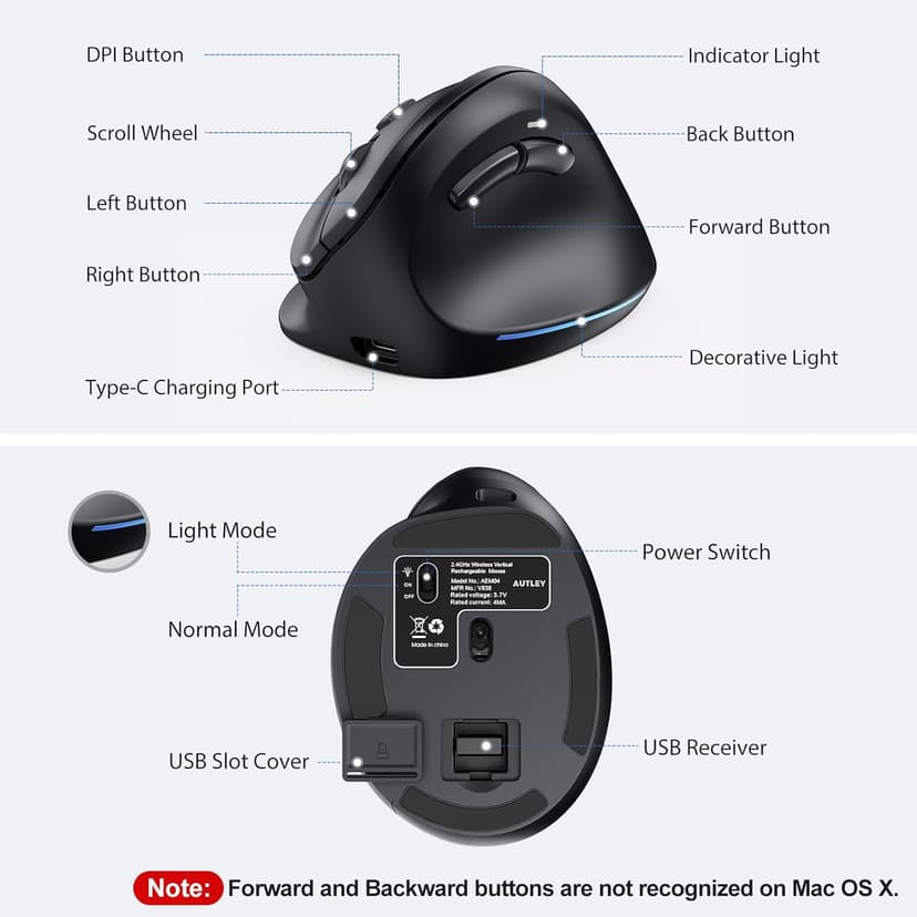 AUTLEY Ergonomic Mouse for Large Hands, Rechargeable Vertical Mouse, 2.4GHz Wireless Computer Mouse for Windows/macOS - 6 Buttons, Low Power Warning, 800/1200/1600 DPI, Black