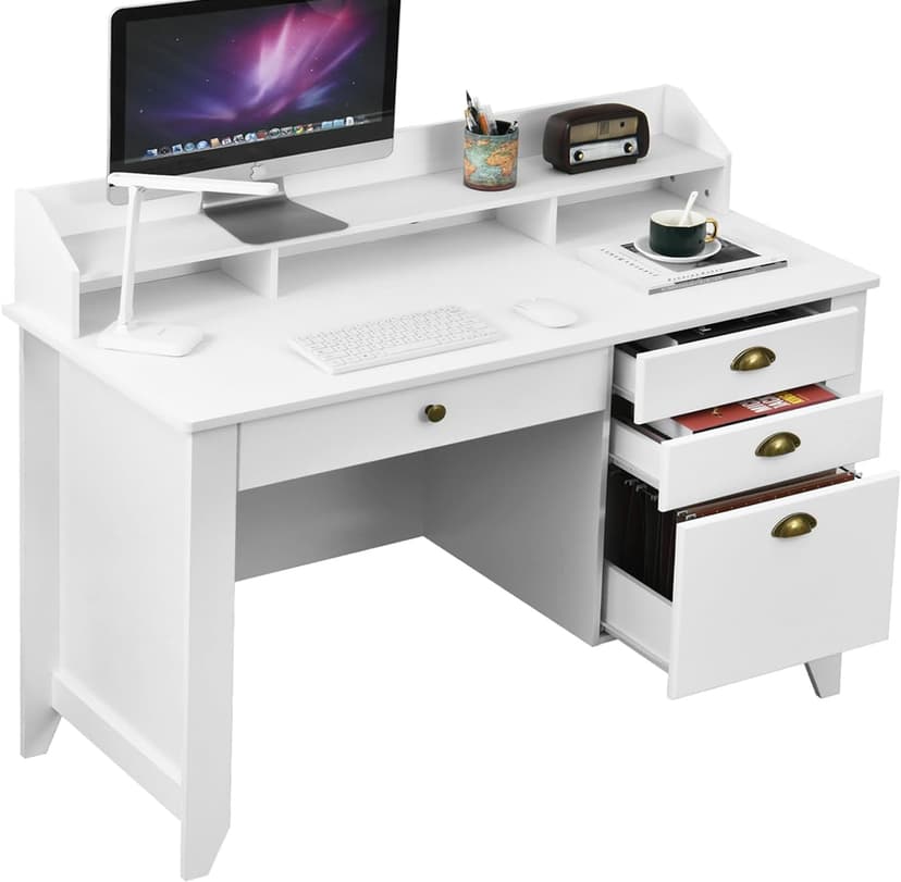 Catrimown Computer Desk with Drawers and Hutch, 47 Inch Home Office Desk with File Drawers, Student Girls Desks, Teens Writing Table with Hutch, Small Desk with Drawer for Bedroom, White