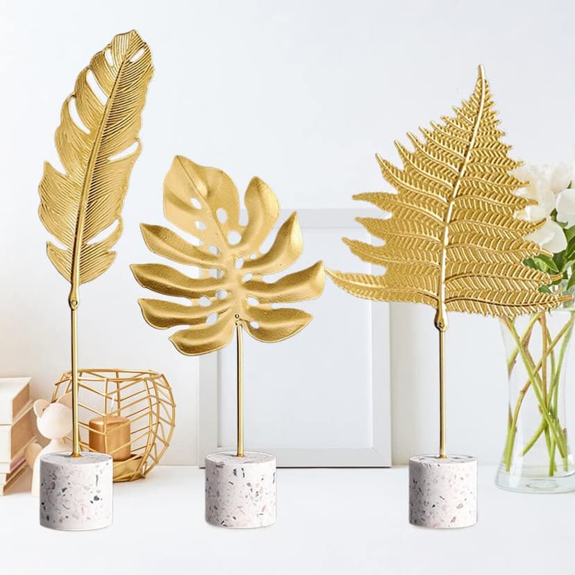 Gold Leaf Statues, Modern Metal Iron Art Crafts Sculpture Golden Leaves Sculpture with Base, Desktop Ornaments Home Office Figurine for Table Decor