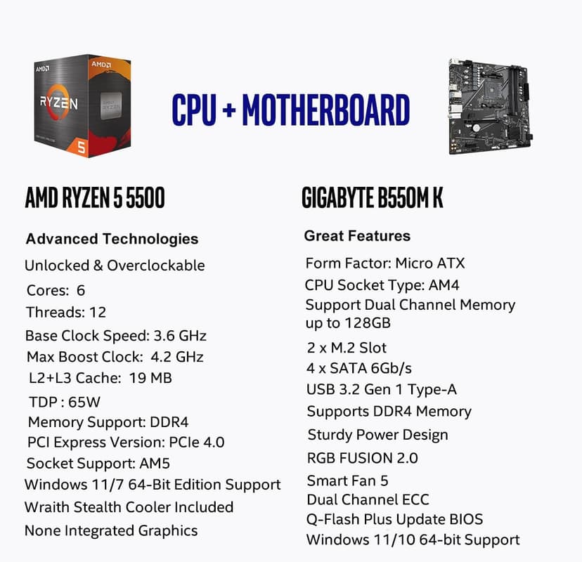 Micro Center AMD Ryzen 5 5500 Desktop Processor with GIGABYTE B550M K Motherboard (Micro-ATX, DDR4, Dual M.2, SATA 6Gb/s, PCIe 4.0)