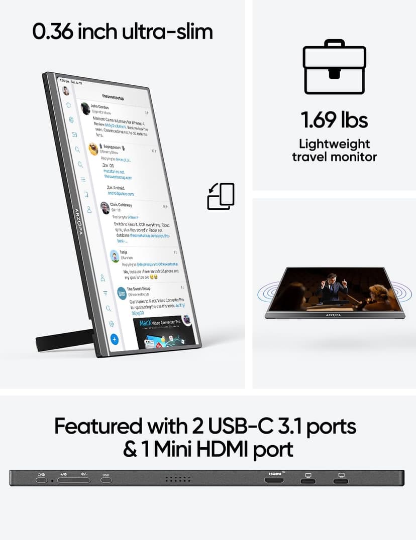 ARZOPA 16.1" Portable Monitor, 100% sRGB FHD 1080P Kickstand Portable Laptop Monitor High Color Gamut Display IPS Eye Care Screen for High-end Office & Entertainment -Z1C
