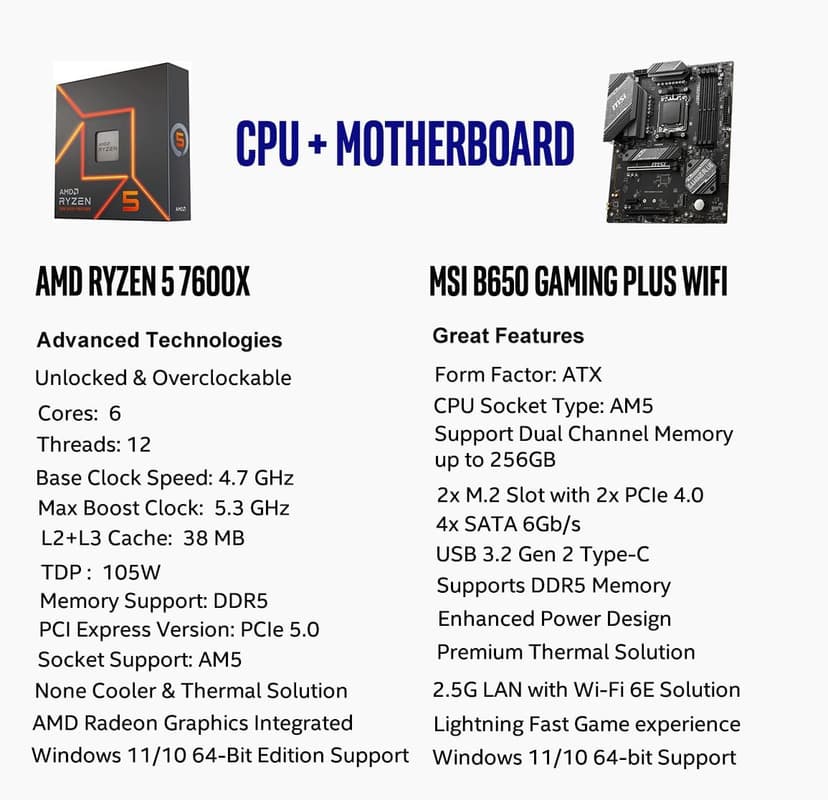 INLAND AMD Ryzen 5 7600X CPU Processor with MSI B650 Gaming Plus WiFi Gaming Motherboard(AM5, ATX, DDR5, PCIe 4.0, Wi-Fi 6E), Soly by Micro Center