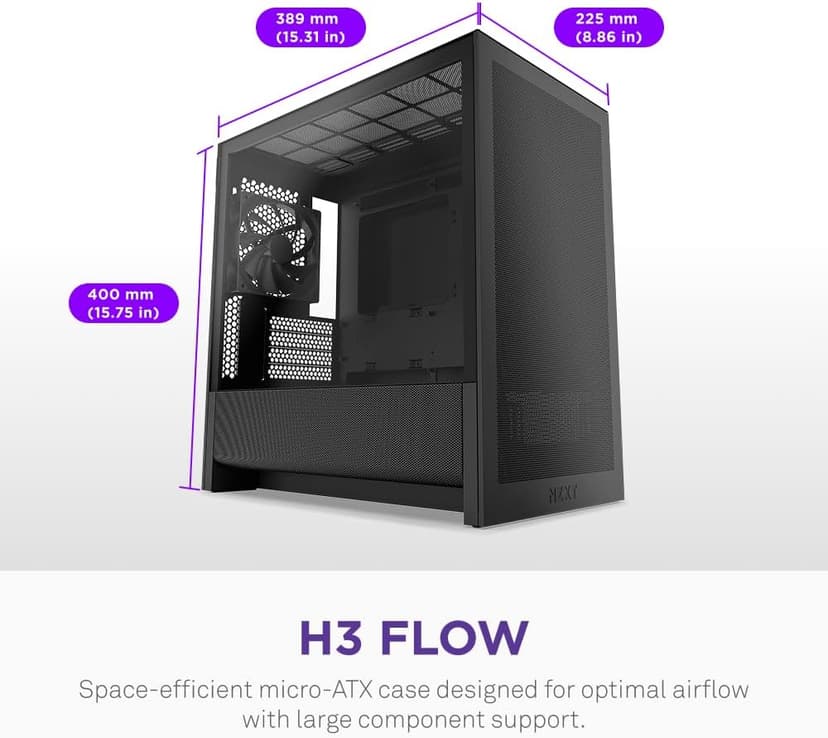 NZXT H3 Flow – Micro-ATX PC Case – Optimized Airflow – Includes 1 x 120mm Rear Fan – Supports Full-Sized GPUs – Fits 280mm Front, 240mm Top Radiator – Back-Connect Motherboard – Black