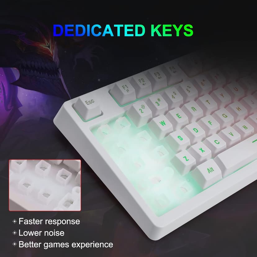 HUO JI White Gaming Keyboard USB Wired with Rainbow LED Backlit, Floating Keys, Mechanical Feeling, Spill Resistant, Ergonomic for Xbox, PS Series, Desktop, Computer, PC