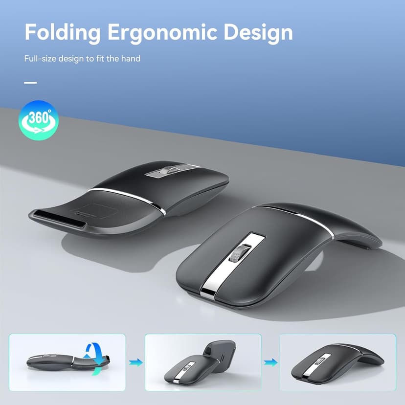 Bluetooth Wireless Arc Travel Mouse, Dual Model (2.4G+BT5.1) Rotating Foldable Mouse for Microsoft, Rechargeable Slim Portable Mice for Laptop, Notebook, PC, MacBook, Chromebook, Lenovo - Black