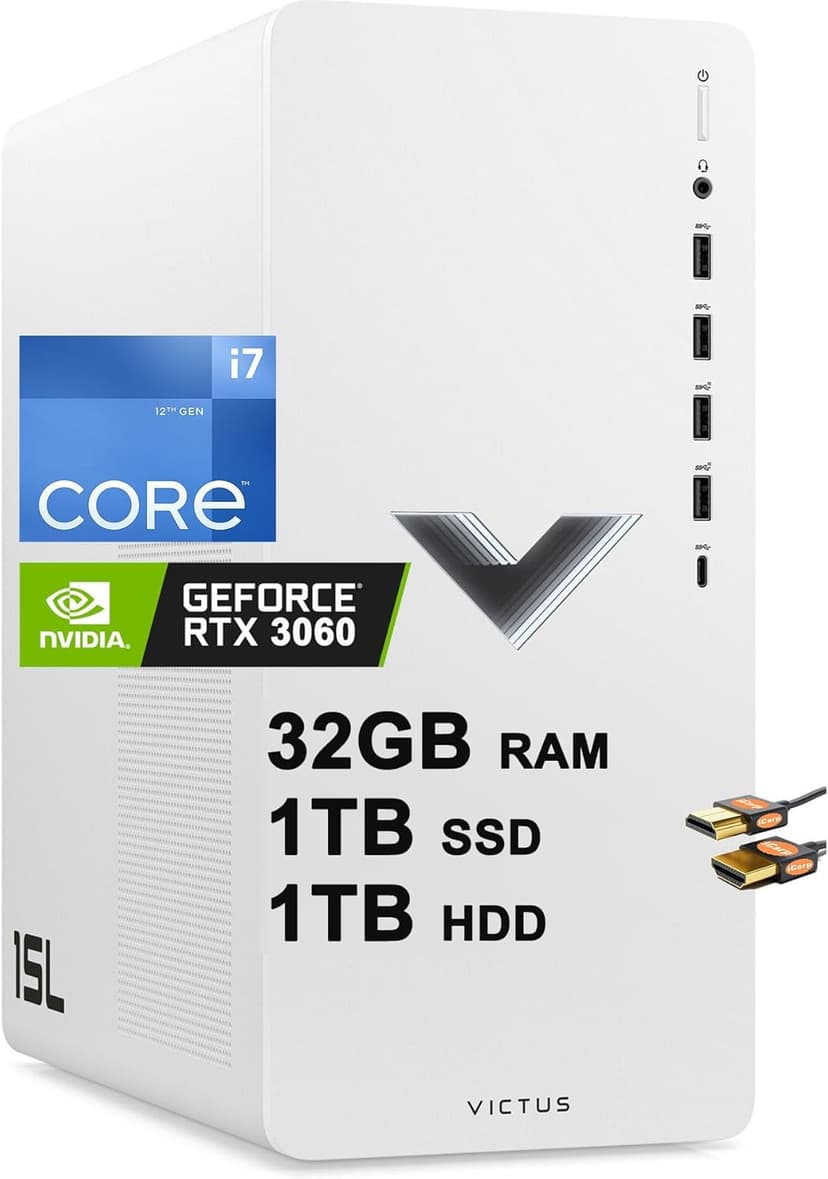 HP Victus 15L Gaming Desktop Computer 12th Gen Intel 12-Core i7-12700 Processor 32GB RAM 1TB SSD + 1TB HDD Nvidia Geforce RTX 3060 12GB GDDR6 Graphic USB-C DiplayPort Win11 + HDMI Cable