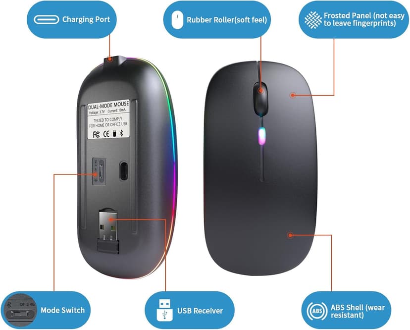 Wireless Bluetooth Mouse, Rechargeable, LED, Silent, Ultra-thin Design (Bluetooth 5.2 and 2.4GHz USB Receiver) | Portable Computer Mouse for Laptops, iPads, MacBooks and Apple Devices (Black)