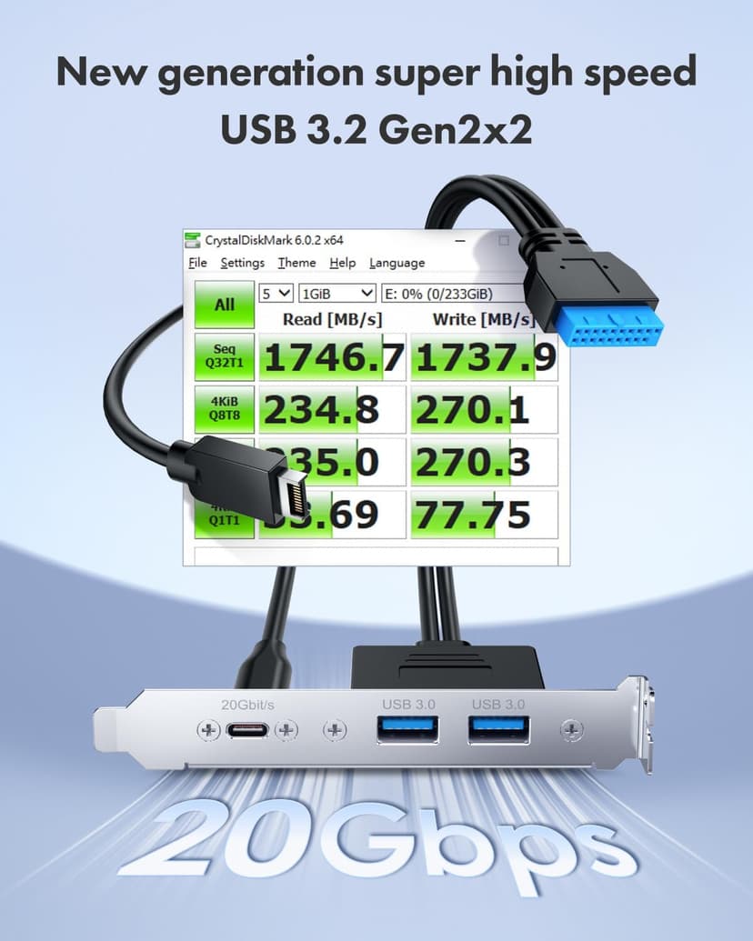 GRAUGEAR 20Gbps USB3.2 Gen2x2 USB-C Front Panel Adapter, Motherboard Header Extension Cable, USB-C and USB to USB3.2 Type-E Key-A 20-Pin and 19-Pin USB3.0 Connectors with PCIe Bracket[G-AD-ETC2A-20G]