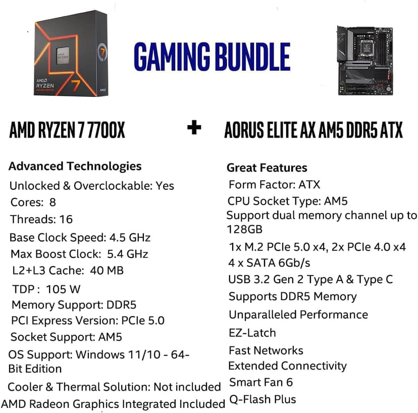 INLAND AMD Ryzen 7 7700X 8-Core 16-Thread AM5 5.4 GHz Unlocked Desktop Processor Bundle with GIGABYTE B650 AORUS Elite AX AM5 DDR5 ATX Gaming Motherboard