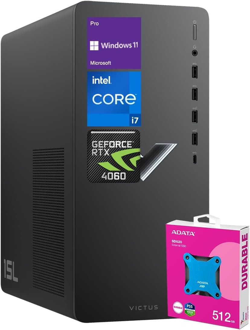 HP Victus 15L i7 RTX 4060 Premium Gaming Desktop, Intel i7-14700F (Beats i9-12900F), GeForce RTX 4060, 32GB RAM, 1TB SSD, RJ-45, DisplayPort, Wi-Fi 6, W11P, Black Bundle with Adata 512 External SSD