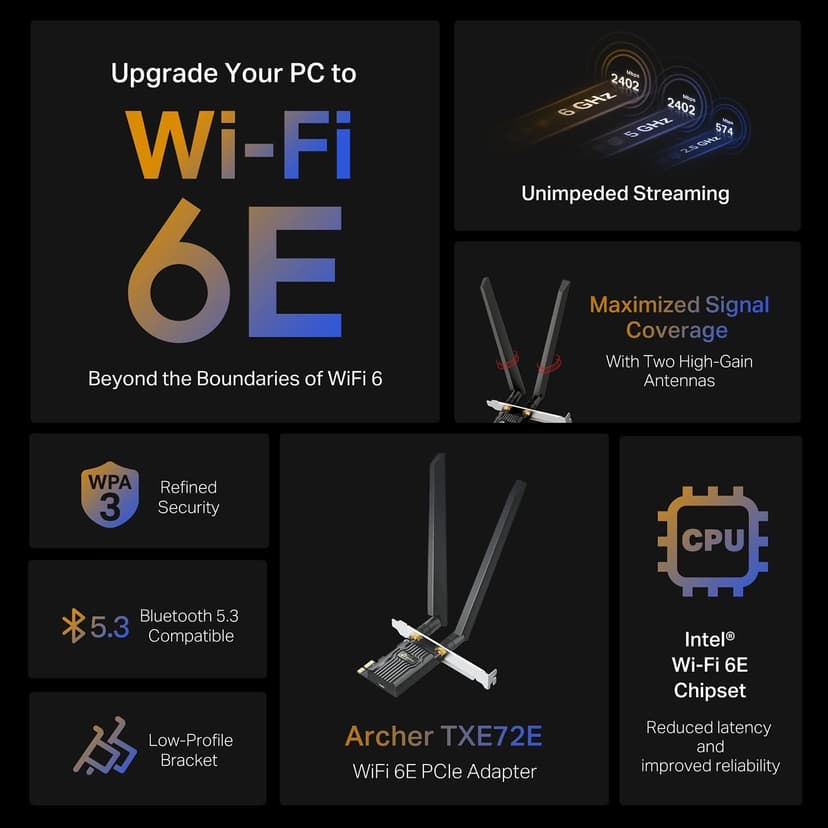 TP-Link WiFi 6E Intel AX210 AXE5400 PCIe WiFi Card for Desktop PC - (Archer TXE72E), Bluetooth 5.3, WPA3, 802.11ax Tri Band Wireless Adapter with MU-MIMO, OFDMA, Ultra-Low Latency, for Windows 10,11