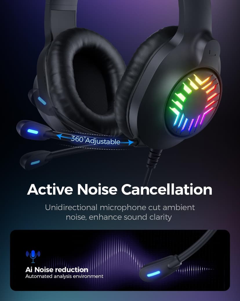 Stereo Gaming Headset, Wired Gaming Headphones Over Ear, Noise Cancelling Mic, 9 Colors Gradient RGB Ligh, Soft Memory Earmuffs for PC, Xbox One/Series PS5 PS4 Controllers, Nintendo (Black)