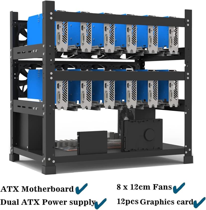 Mining Rig Frame for 12GPU, Steel Open Air Miner Mining Frame Rig Case, Support to Dual Power Supply for Crypto Coin Currency Bitcoin ETH ETC ZEC Mining Tools - Frame Only, Fans & GPU is not Included