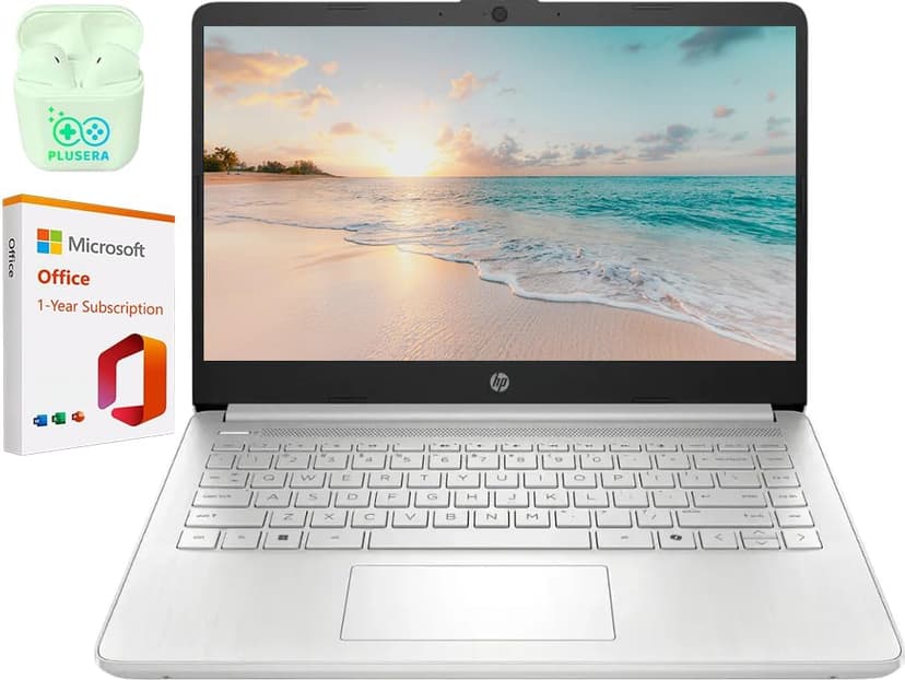 HP 14" LED Business Laptop Computer, 16GB RAM 640GB Storage (128GB UFS + 512GB SD Card), Intel Quad-Core N150 Processor, Windows 11 S & 1-Year Microsoft Office 365 Included, PLUSERA Earphones, Silver