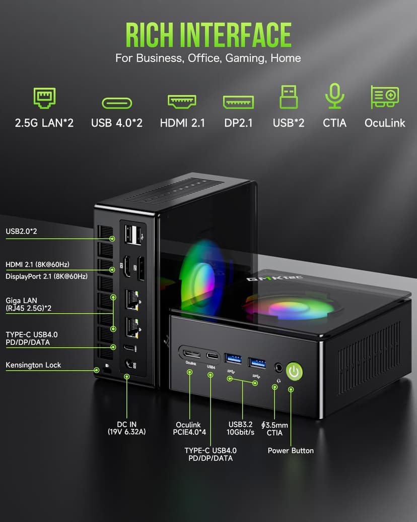 GMKtec Gaming PC, K11 AMD Ryzen 9 8945HS(8C/16T, Up to 5.2GHz), 32GB DDR5 RAM 1TB Mini PC Desktop Computer, Oculink, Dual NIC 2.5GbE LAN, HDMI/DisplayPort/USB4*2