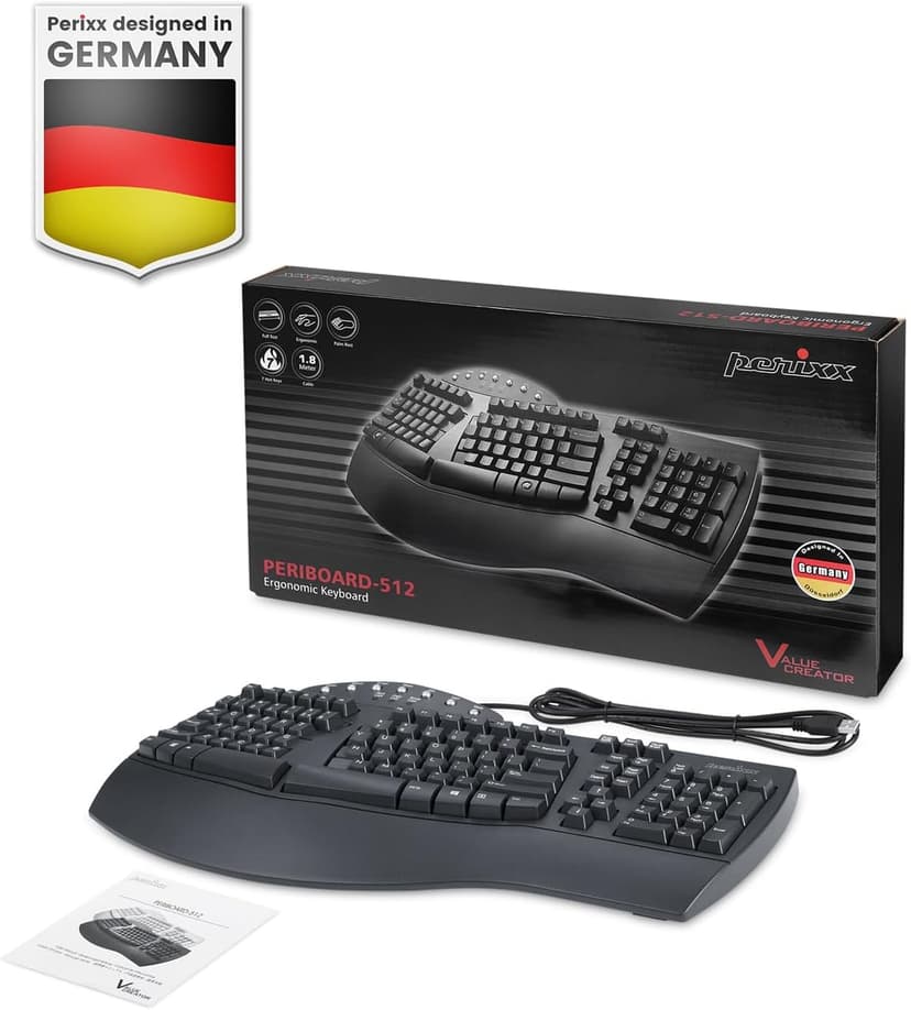Perixx PERIBOARD-512B Wired Ergonomic USB Keyboard - Bulky 19.1x9.3x2 inches Split Design - Black - NDAA Compliant - US English
