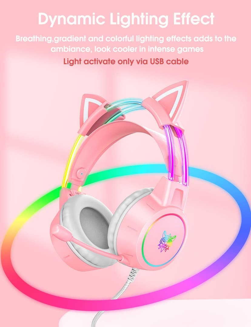 Lightweight Gaming Headset with Detachable Cat Ears, RGB Lighting, Wired Over Ear Headphones with Mic for PC, PS4, PS5, Xbox, Switch, Stereo Surround Sound, Self-Adjusting Headband