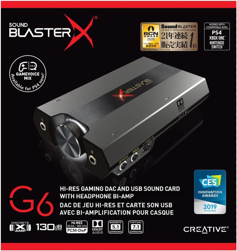 Sound BlasterX G6 Hi-Res 130dB 32bit/384kHz Gaming DAC, External USB Sound Card with Xamp Headphone Amp, Dolby Digital, 7.1 Virtual Surround Sound, Sidetone/Speaker Control for PS4, Xbox One