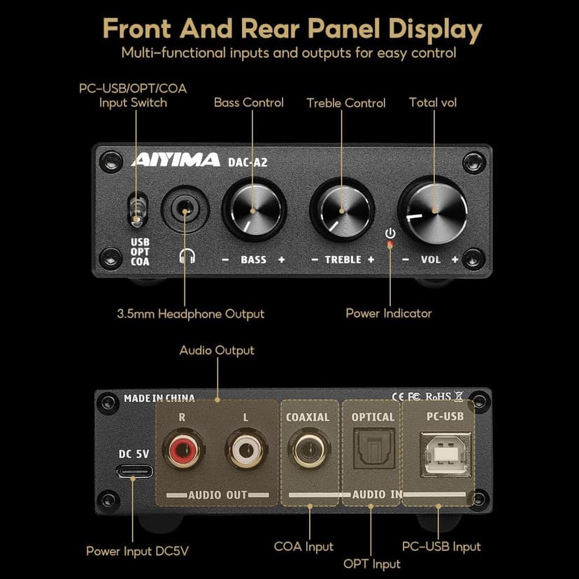 AIYIMA DAC-A2 Headphone Amplifier DAC with Bass Treble Controls PC-USB/Optical/Coaxial Inputs, RCA/3.5mm Headphone Ouput Digital to Analog Desktop Audio Converter DC 5V 24Bit 192kHz
