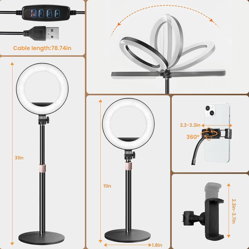 MACTREM 10“ Desk Ring Light with Stand, Desktop LED Circle Halo Light with Phone Holder for Computer Zoom Meeting, Laptop Light for Conference Video Calls, Live Streaming, Podcast, Selfie, Makeup