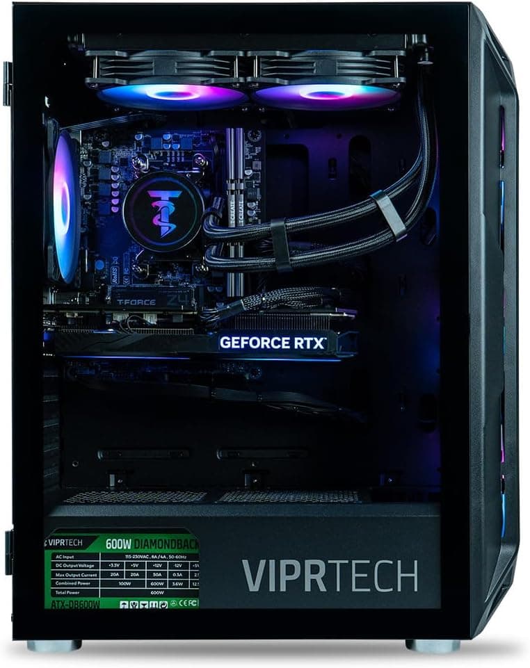 ViprTech Ghost 4.0 Liquid-Cooled PC - AMD Ryzen 7 (4.4Ghz Turbo), RTX 4060 Ti 8GB, 32GB DDR4 3200, 1TB NVMe SSD, VR-Ready, Streaming, WiFi, RGB, Win 11, Gaming Desktop Computer Prebuilt, Black