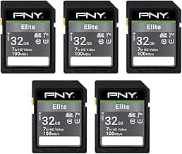 PNY 32GB Elite Class 10 U1 V10 SDHC Flash Memory Card - 100MB/s Read, Class 10, U1 Full HD, UHS-I, Full Size SD (Pack of 5)