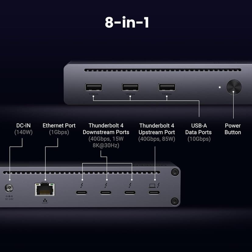 UGREEN Revodok Max 208 8-in-1 Thunderbolt 4 Dock - 40Gbps Hub, 3 x Thunderbolt 4, Dual 4K@60Hz or Single 8K Display, 85W Charging, Gigabit Ethernet, 3 x USB A 3.2 for Mac M1/M2/M3/M4 Pro/Max