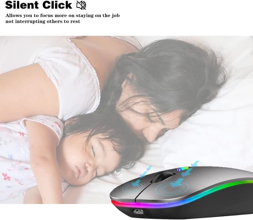 Wireless Bluetooth Mouse Rechargeable Laptop Mice with LED Lights Silent Slim Use(BT5.2 and 2.4G Portable USB) Dual Mode Computer Mouse for Laptop/iPad/Tablet/Apple/Computer/Mac (Grey)