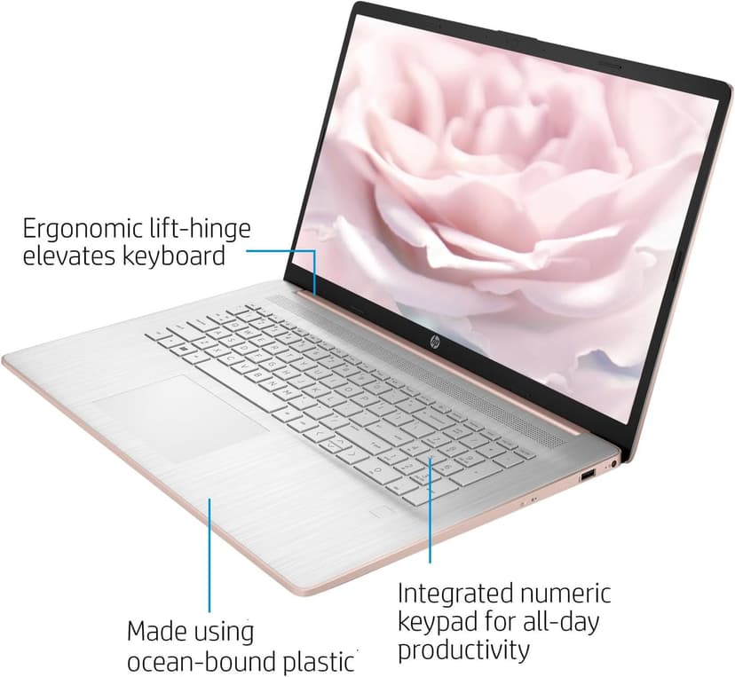 HP Premium 17.3" Laptop, 17.3" HD+ Touchscreen, Intel Core i7-1355U, 64GB RAM, 2TB SSD, Webcam, HDMI, Backlit KB, FP Reader, Wi-Fi 6, Win 11 H, Pale Rose Gold, ADATA 512 External SSD Bundle