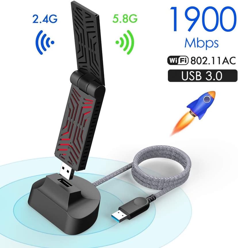 WAVLINK USB WiFi Adapter for Desktop PC, AC1900 WiFi Adapter Dual Band 2.4GHz/5GHz Wireless Network Adapter for Laptop, Support Windows 7/8/8.1/10/11, MacOS 10.7-10.15
