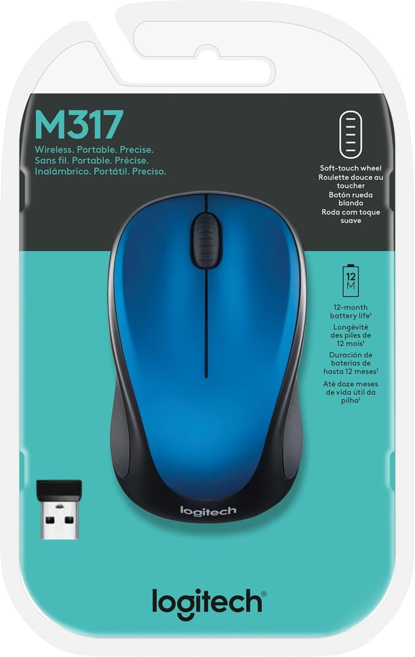 Logitech M317 Wireless Mouse, 2.4 GHz with USB Receiver, 1000 DPI Optical Tracking, 12 Month Battery, Compatible with PC, Mac, Laptop, Chromebook - Blue