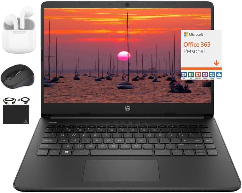HP New 14" HD Ultral Light Thin Laptop, Quad-Core Intel Celeron Processor, 8GB RAM, 256GB (128GB eMMC+ 128GB Card), Wi-Fi, Upto 11 Hours, Windows 11 S + 1 Year Office 365+HubxcelAccessory, Black