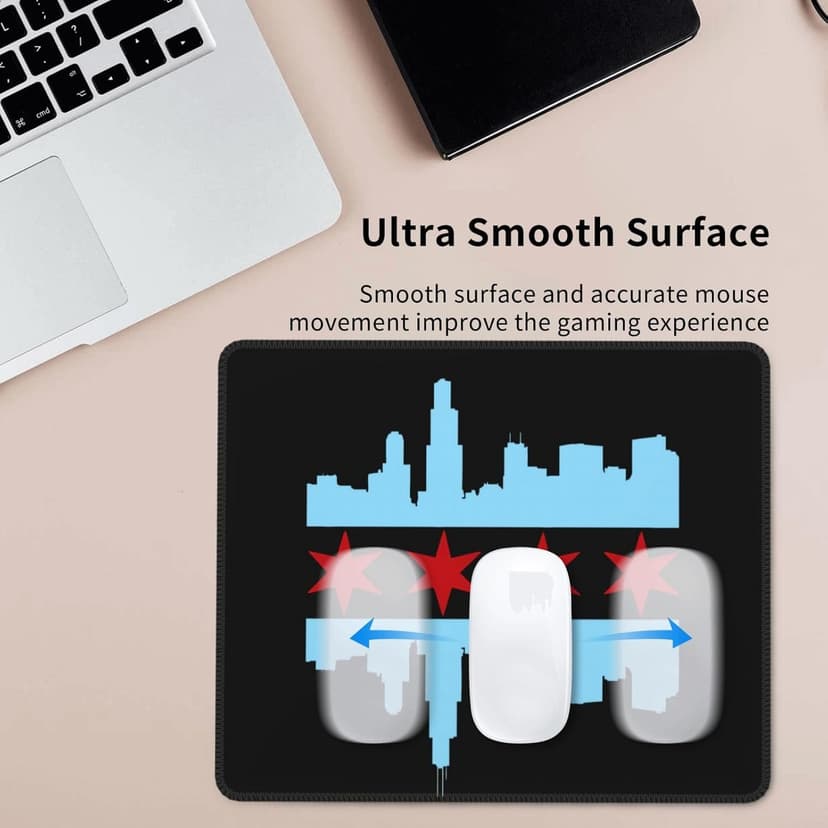 Chicago City Flag Skyline Mouse Pad, Laptop Office Desk Accessories Wireless Mouse Pad Mouse Pad Non-Slip Water Resistant Desk Mat Premium Computer Accessories, Black