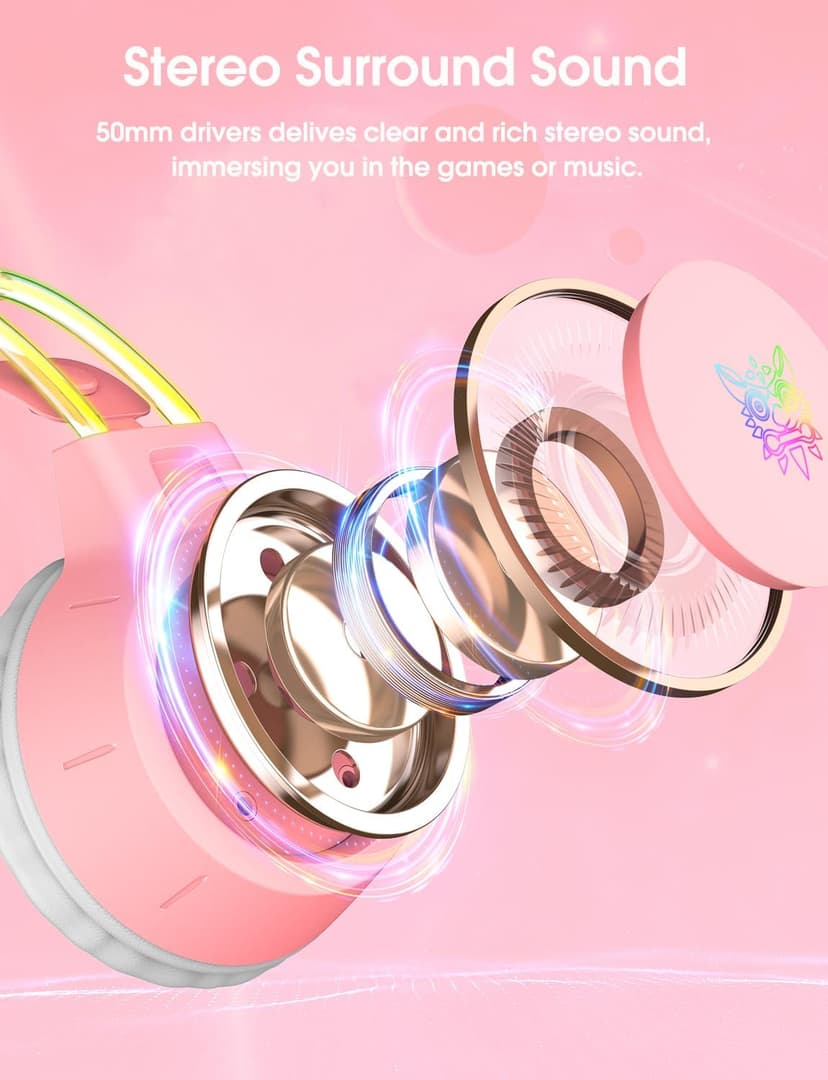 Lightweight Gaming Headset with Detachable Cat Ears, RGB Lighting, Wired Over Ear Headphones with Mic for PC, PS4, PS5, Xbox, Switch, Stereo Surround Sound, Self-Adjusting Headband