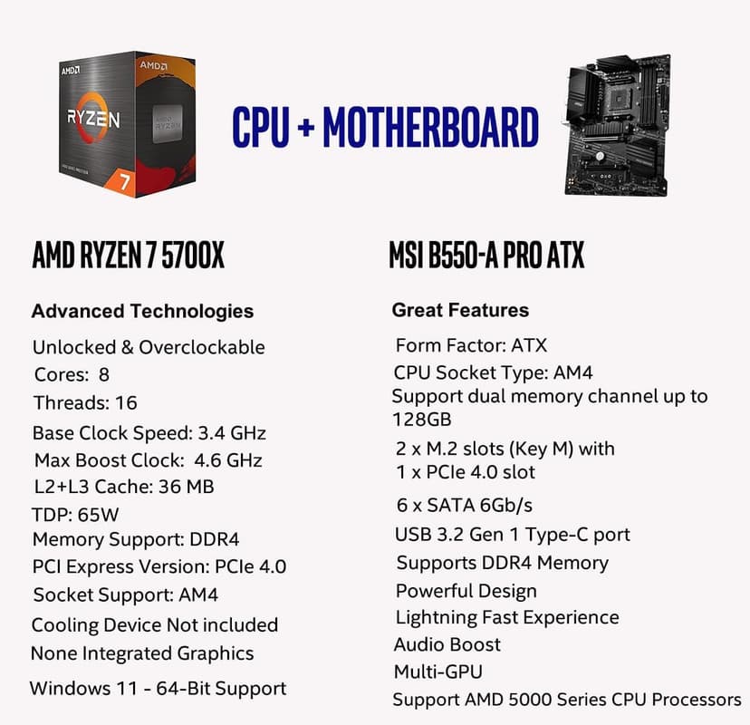 INLAND AMD Ryzen 7 5700X 8-Core 16-Thread Unlocked Desktop Processor with MSI B550-A PRO ProSeries Motherboard (AMD AM4, DDR4, PCIe 4.0, SATA 6Gb/s, M.2, USB 3.2 Gen 2 ATX)