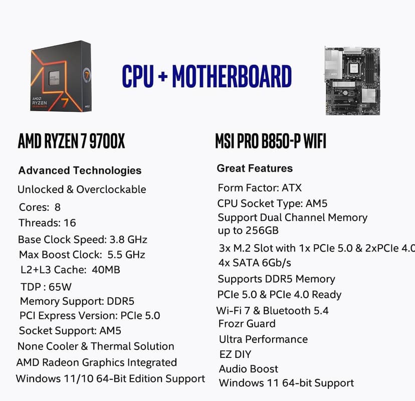 Micro Center AMD Ryzen 7 9700X CPU Processor with MSI PRO B850-P WiFi Motherboard (ATX, AM5, DDR5, PCIe 5.0, M.2 Gen5, Wi-Fi 7, 5G LAN)