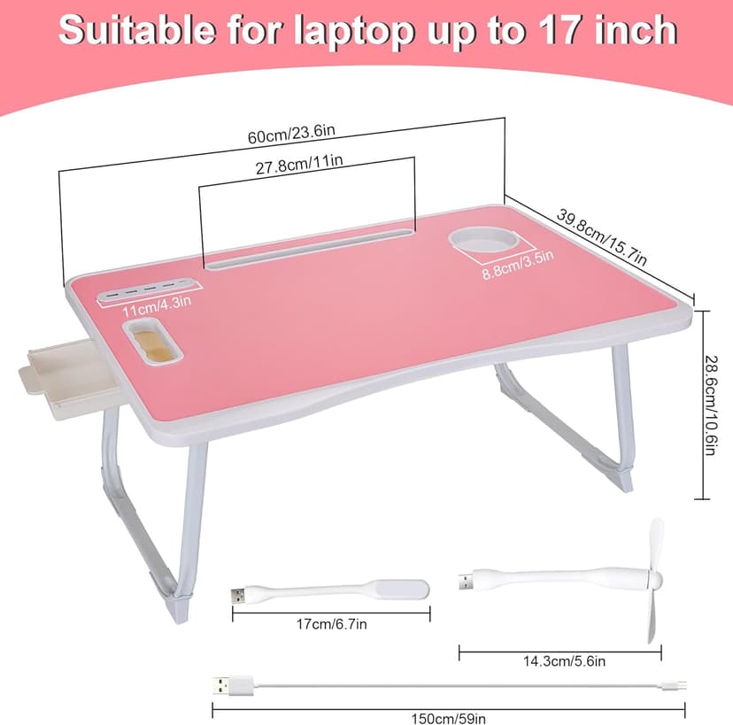 Laptop Bed Table, Laptop Desk for Bed, Foldable Laptop Bed Desk with USB Charge Port, Handle, Desktop Card Slot, Cup Slot, Side Drawer, Portable Laptop Table for Eating Reading Working