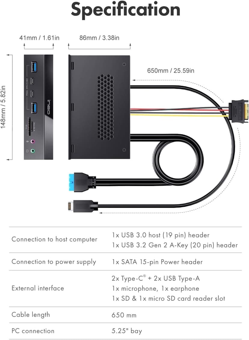 ineo 5.25" 10Gbps USB 3.2 Front Panel Card Reader with Audio Ports - SD/microSD Internal Reader, USB3.2 Type-E Key-A 20-Pin & USB3.0 Header, 15-Pin SATA Power[3570I]