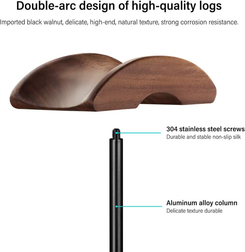 Headphone Stand, Walnut Wood & Aluminum Headset Stand, Nature Walnut Gaming Headset Holder with Solid Heavy Base for All Headphone Sizes (Black)