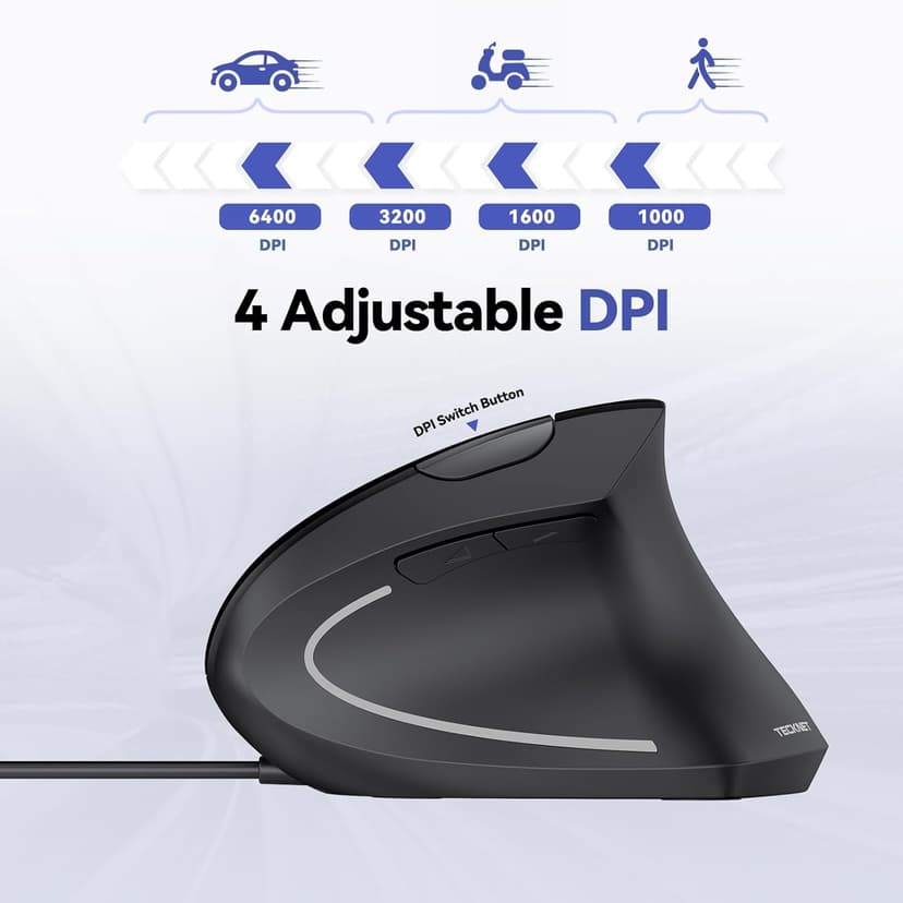 TECKNET Wired Mouse, 6400 DPI Ergonomic Mouse 6 Buttons Silent Mice 4 Adjustable DPI Vertical Mouse Compatible with Windows/Chrome/Laptop/Computerice