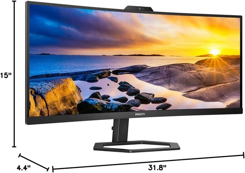 Philips 34E1C5600HE 34'' UltraWide QHD 21:9 Monitor with Built-in Windows Hello Webcam & Noise Canceling Mic, USB-C Docking, Stereo Speakers, 100Hz, 4-Year Advance Replacement