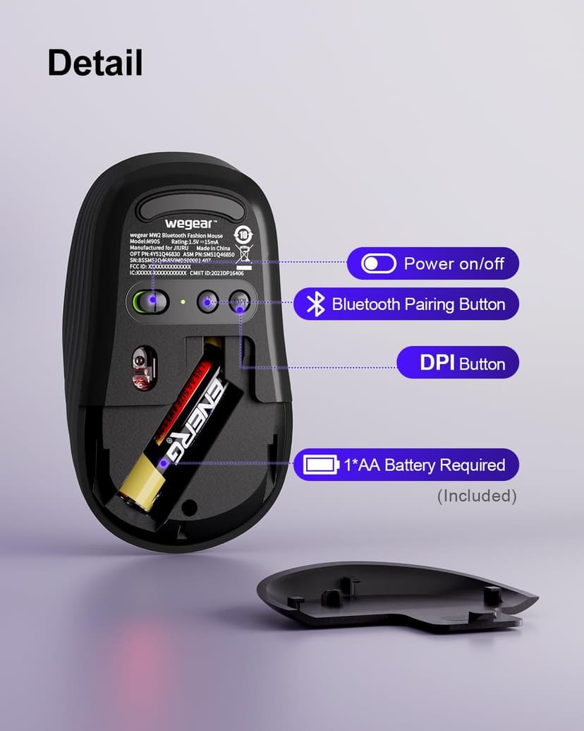 Wireless Mouse Bluetooth Mouse, 1600 DPI Optical Tracking, 3 Adjustable DPI, Compact and Portable Design for Small Hands PC, Mac, 12-Month Battery Life for Work or Travel