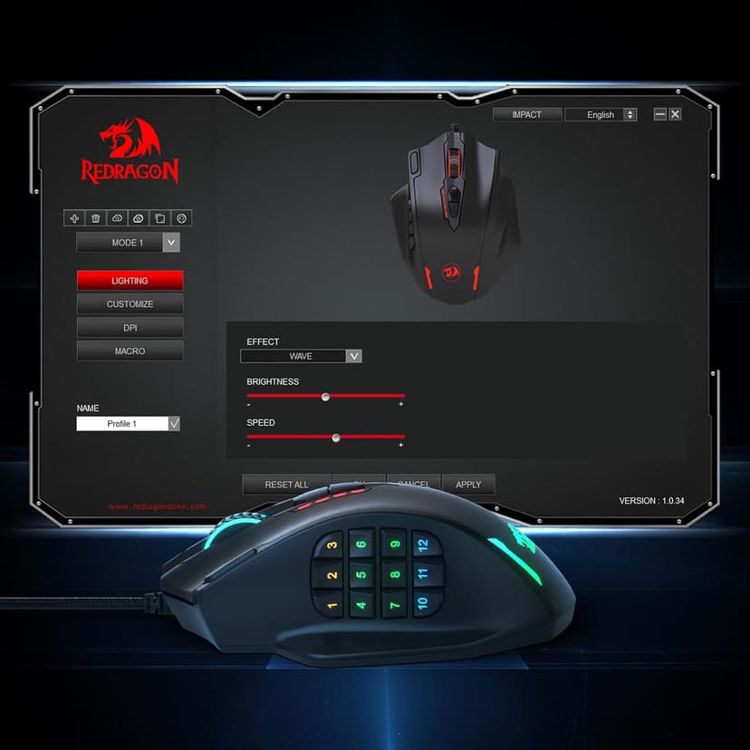 Redragon M908 Impact RGB LED MMO Gaming Mouse with 12 Side Buttons, Optical Wired Ergonomic Mouse with Max 12,400DPI, High Precision, 18 Programmable Macro Shortcuts, Comfort Grip