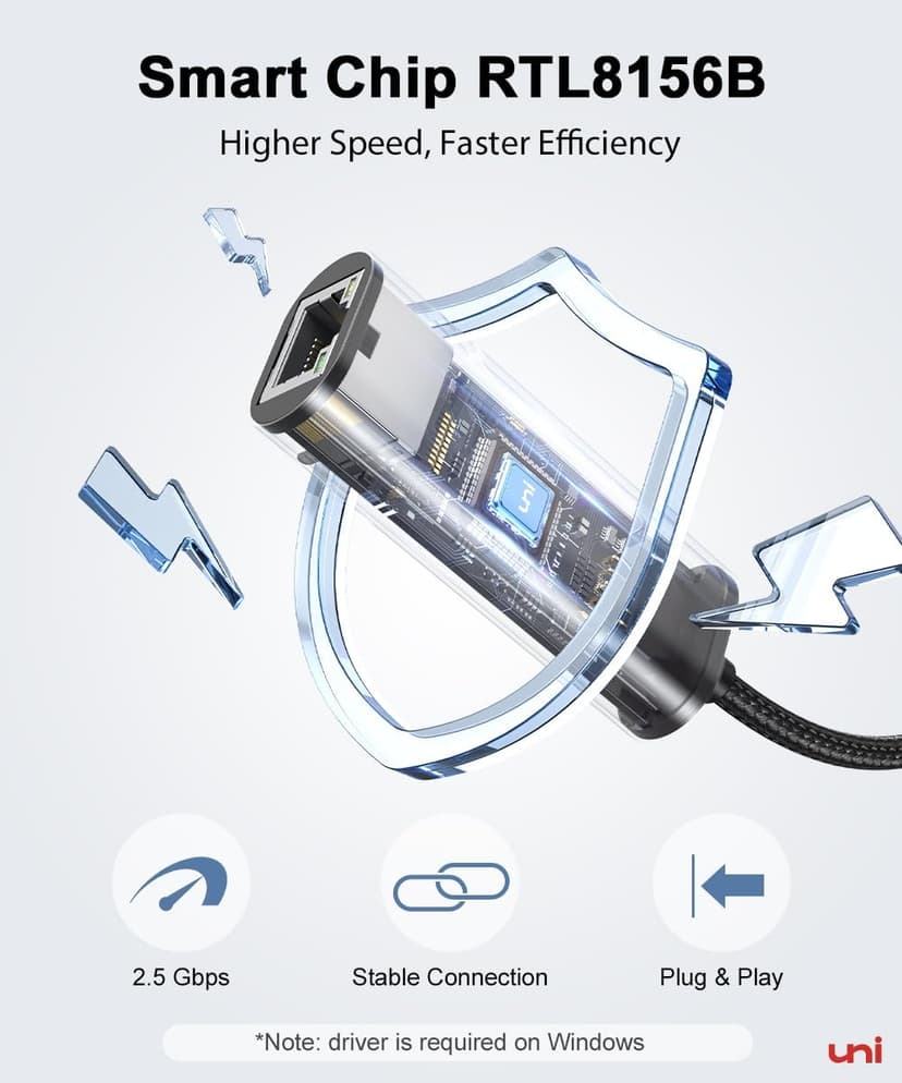 uni USB-C to Ethernet Adapter 2.5 Gbps, Blazing Fast Type-C(Thunderbolt 4/3 Compatible) to RJ45 Adapter, Sturdy Aluminum Gigabit Network Adapter, for MacBook Pro/Air 2023, Laptops, PC, NAS, etc.