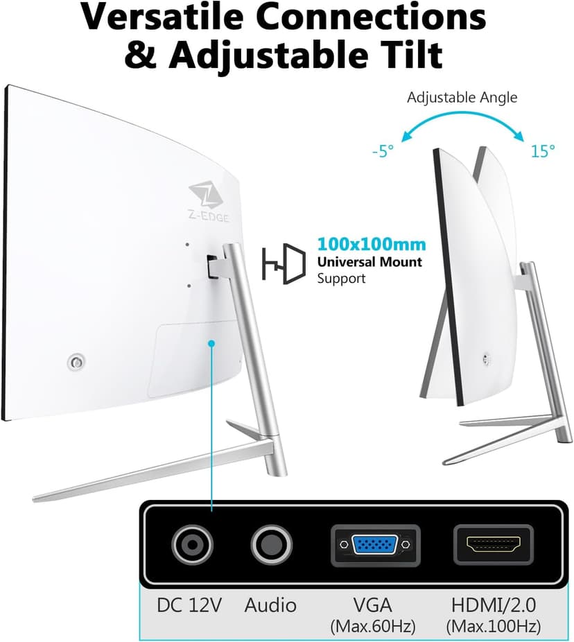 Z-Edge 27-inch Curved Gaming Monitor, Full HD 1080P 1920x1080 LED Backlight Monitor, with 100Hz Refresh Rate and Eye-Care Technology, 178° Wide View Angle, VGA+HDMI