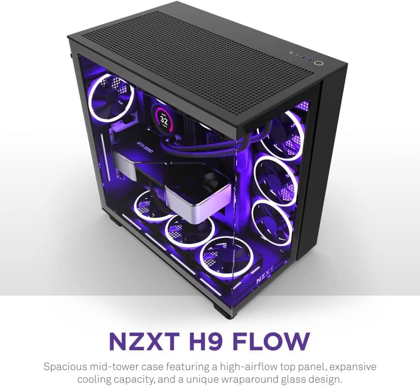 NZXT H9 Flow Dual-Chamber ATX Mid-Tower PC Gaming Case – High-Airflow Perforated Top Panel – Tempered Glass Front & Side Panels – 360mm Radiator Support – Cable Management – Black
