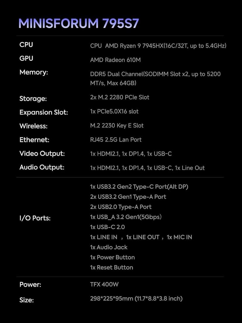 MINISFORUM 795S7 Mini Gaming PC AMD Ryzen 9 7945HX (16C/32T) Barebone Version Tower Computer, 2x DDR5 Slots, 2x PCIe4.0 SSD, HDMI|DP|USB-CTriple Outputs, M.2 2230 Key E Slot, 2.5G Lan Desktop Computer