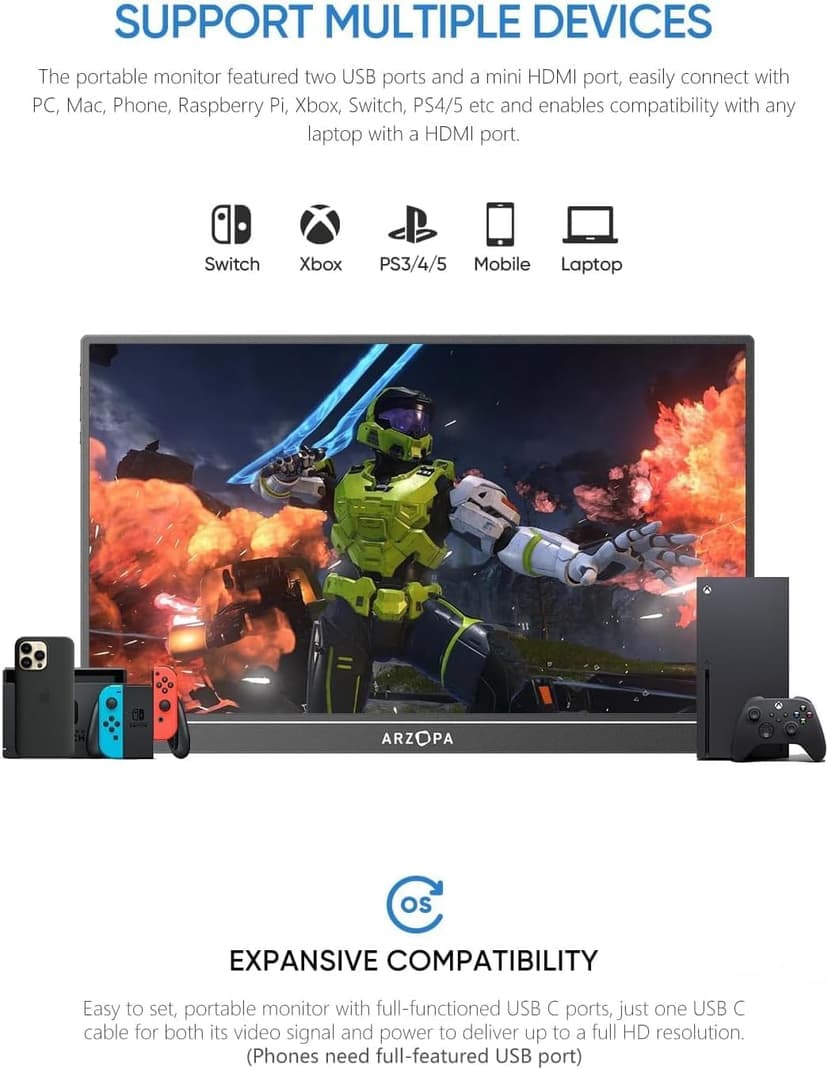 ARZOPA Portable Monitor 15.6'' FHD 1080P - Ultra-Slim Portable Laptop Monitor with Kickstand - IPS Display for PC, MAC, Phone, Xbox, PS5 - USB C & HDMI Connectivity - A1